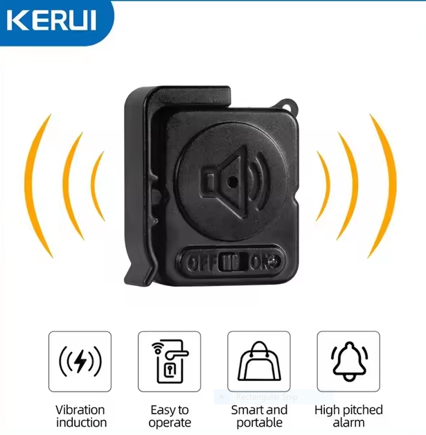 Portable anti-theft alarm with 120dB vibration sensor.