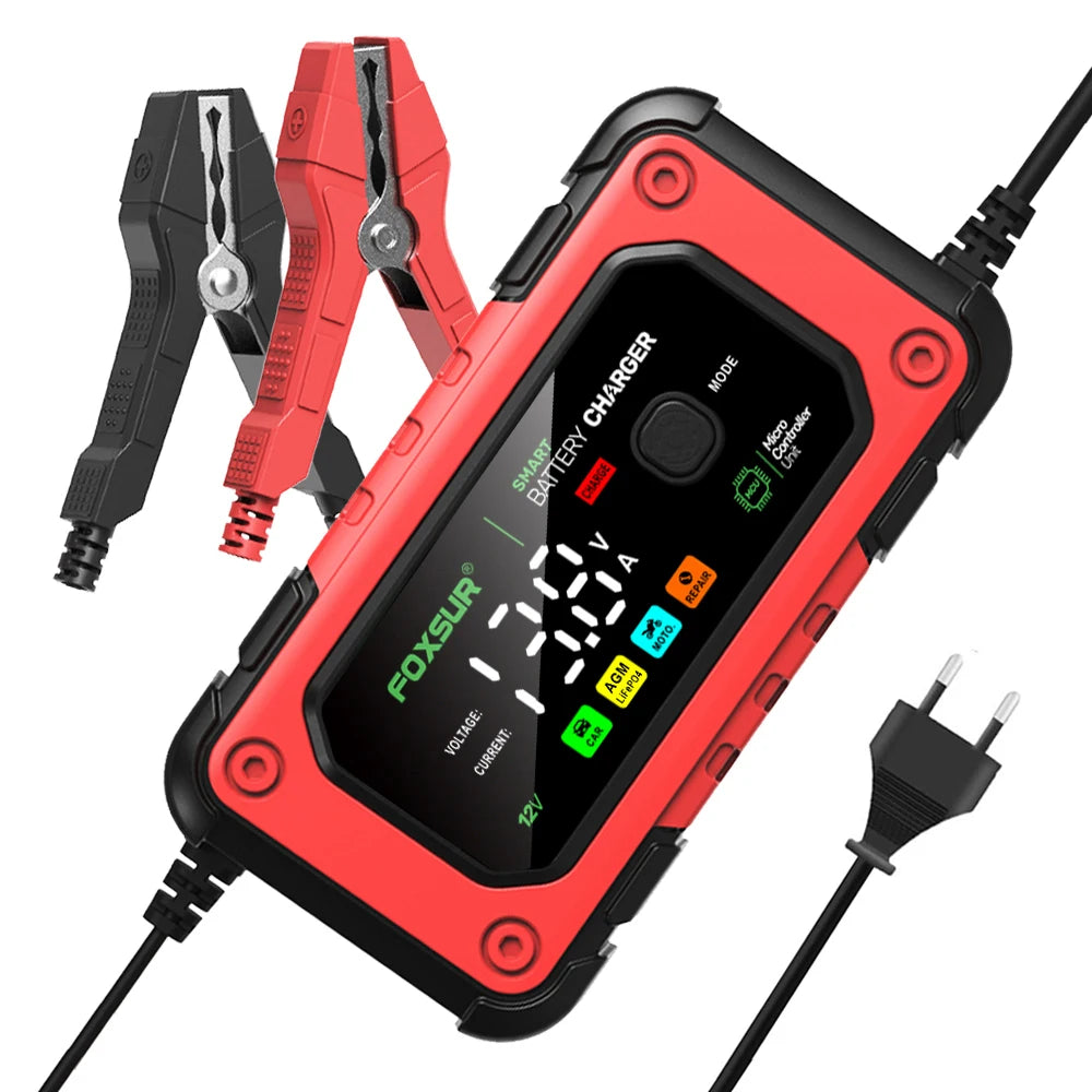 Car battery charger connected to a vehicle battery
