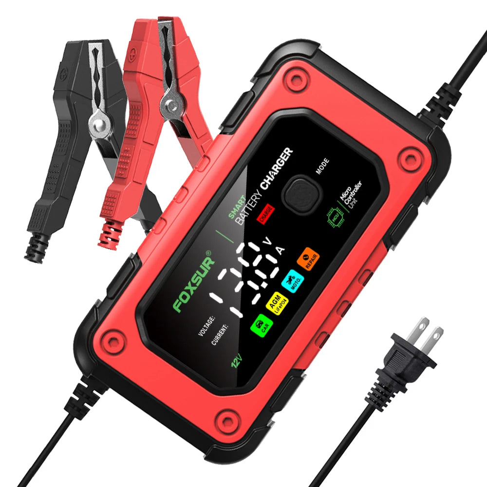 Close-up view of a smart battery charger with LED indicators
