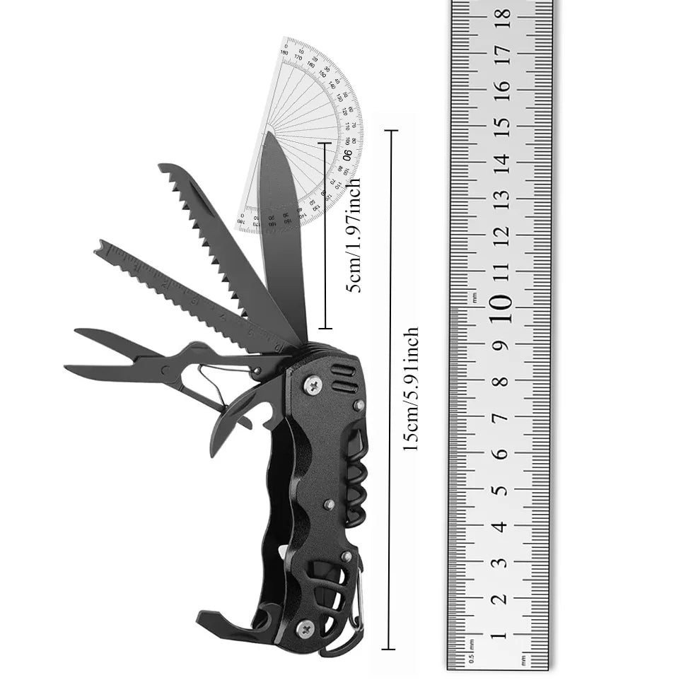 Multitool pocket knife placed in a camping setup