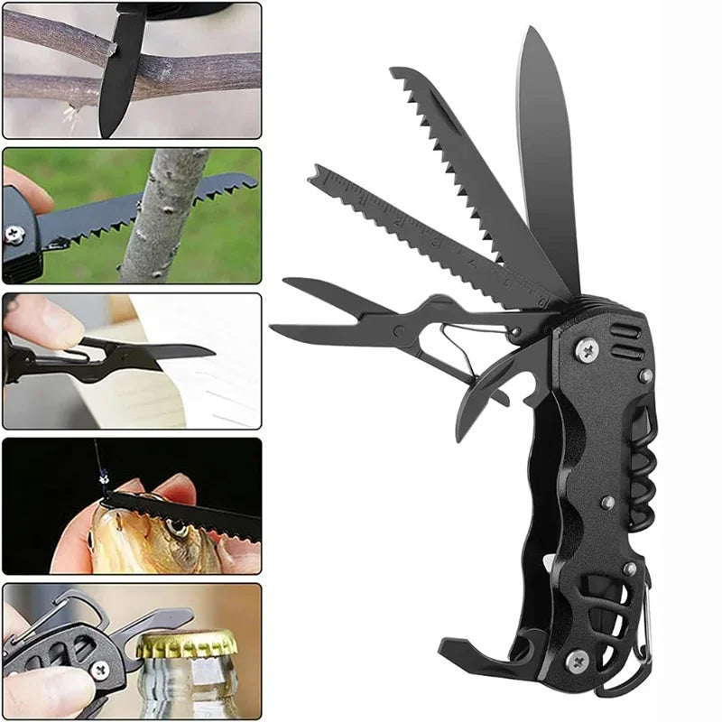 Open multitool pocket knife displaying its 14 tools