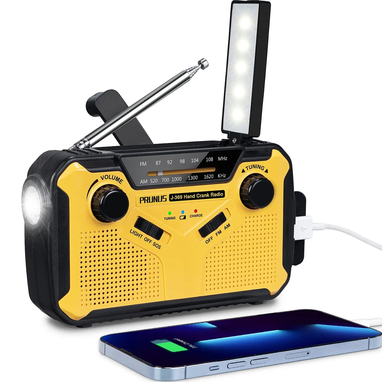 Solar-powered emergency radio with flashlight and power bank