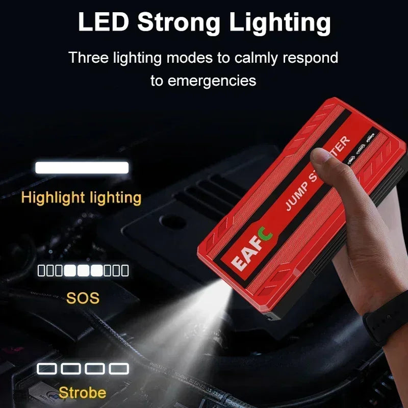 Portable jump starter for petrol and diesel cars.