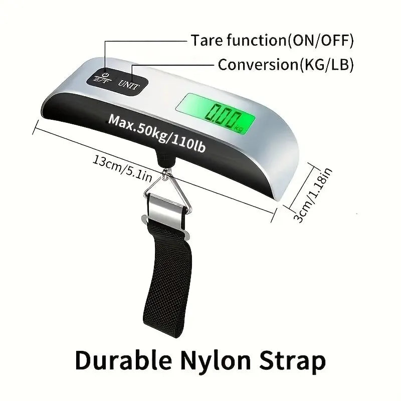 Portable luggage scale with durable strap and LCD display.