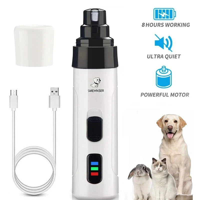 Rechargeable quiet nail clippers for dogs and cats.