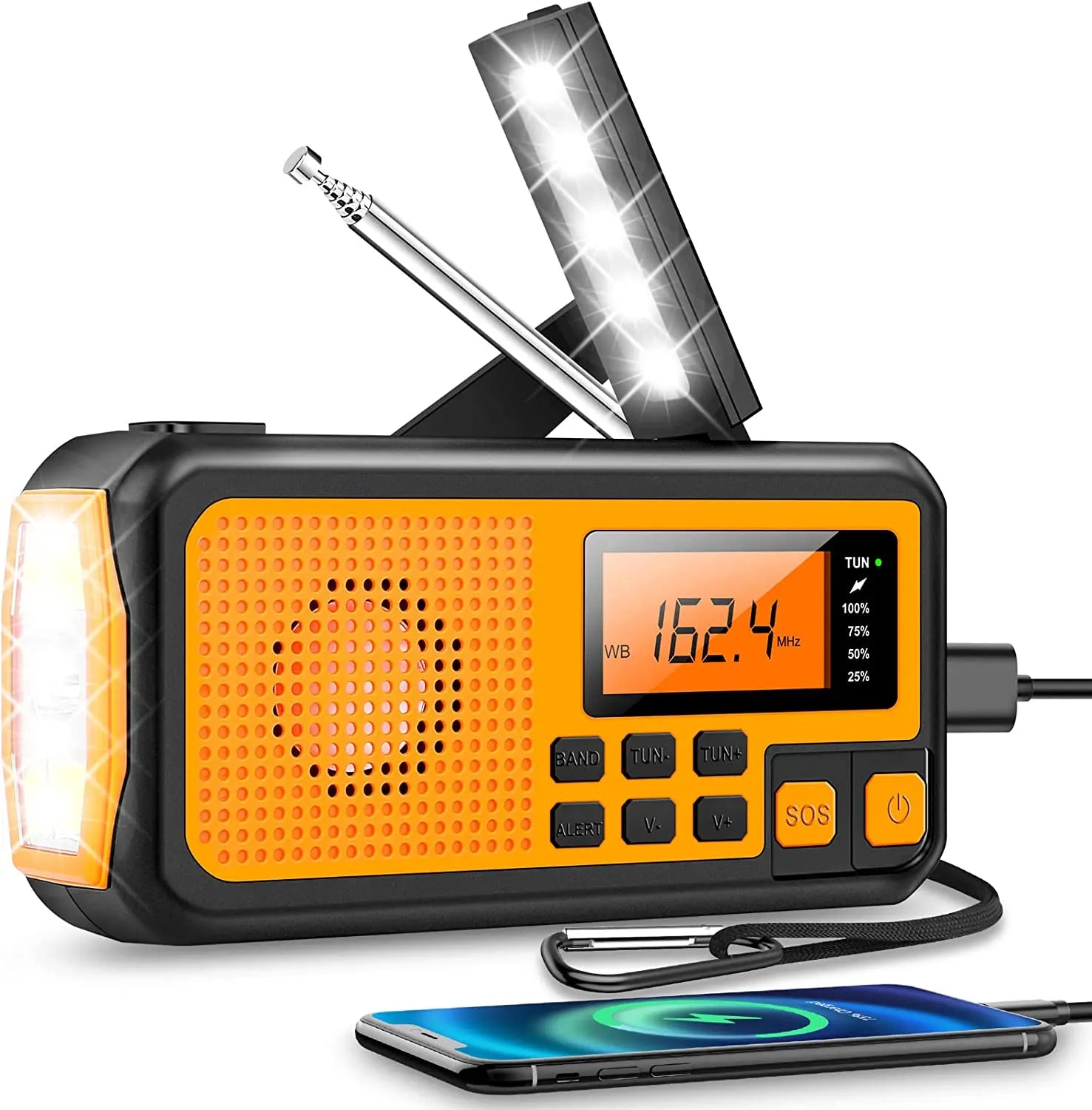 Solar-powered emergency radio with flashlight and power bank