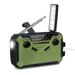 Solar-powered emergency radio with flashlight and power bank