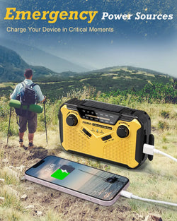 Solar-powered emergency radio with flashlight and power bank