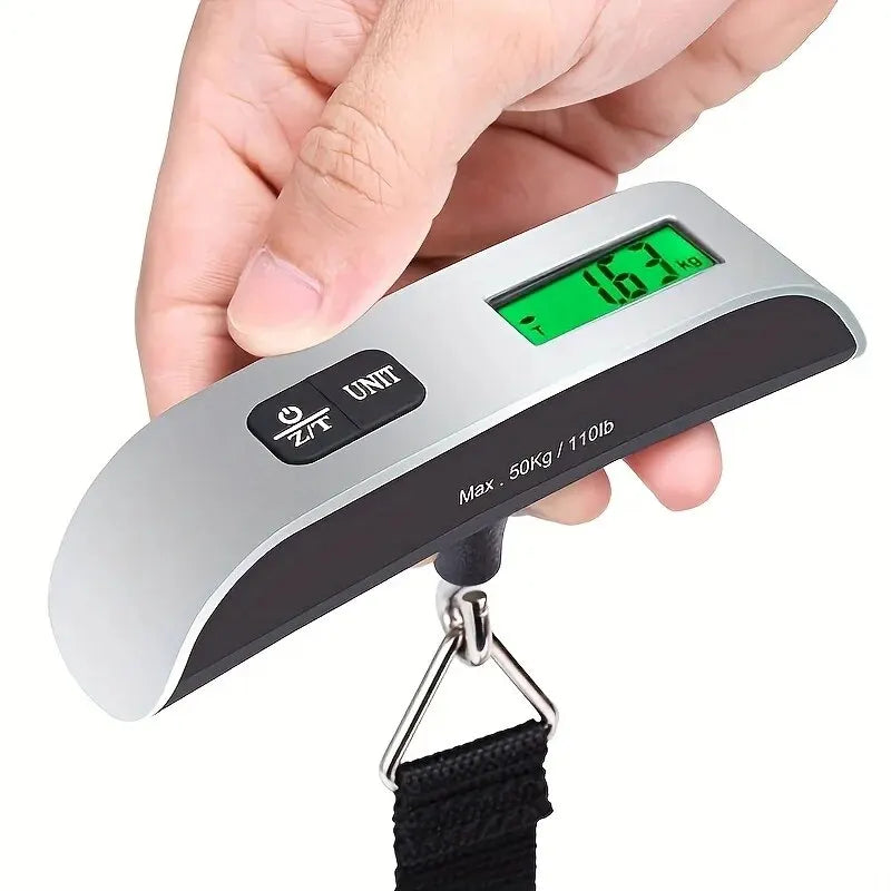 Portable luggage scale with durable strap and LCD display.