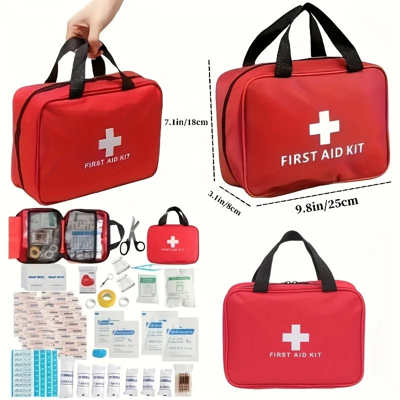 Portable first aid bag with 184 essential medical items.