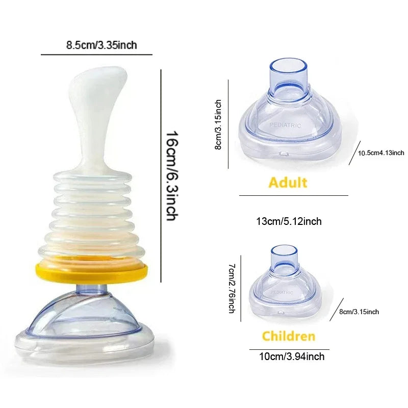 Choking emergency device for quick airway relief.