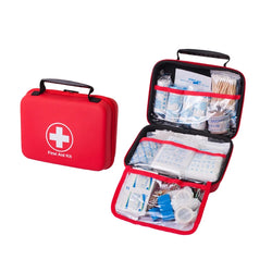 Portable first aid bag with 184 essential medical items.