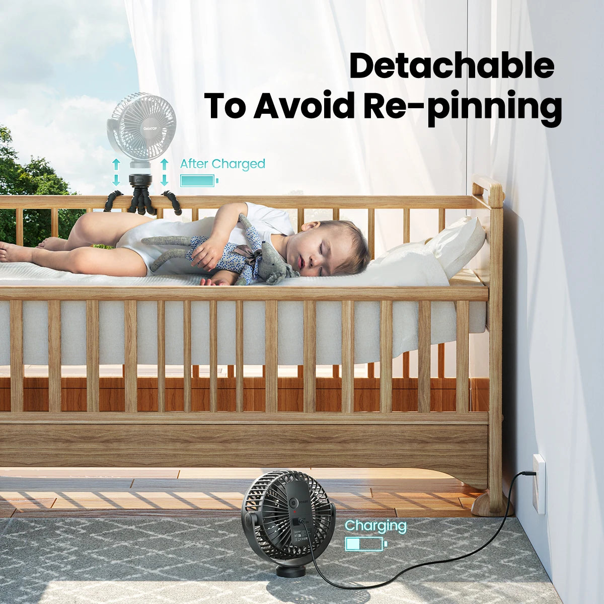 Stroller fan for baby, rechargeable and portable design.