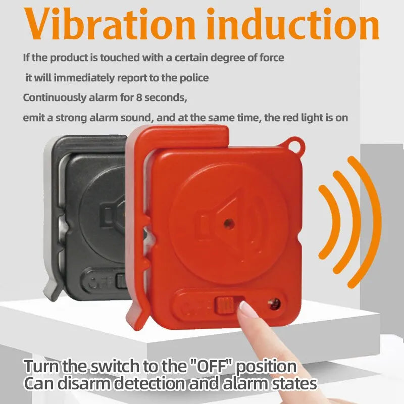 Portable anti-theft alarm with 120dB vibration sensor.