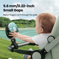 Stroller fan for baby, rechargeable and portable design.