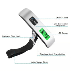 Portable luggage scale with durable strap and LCD display.