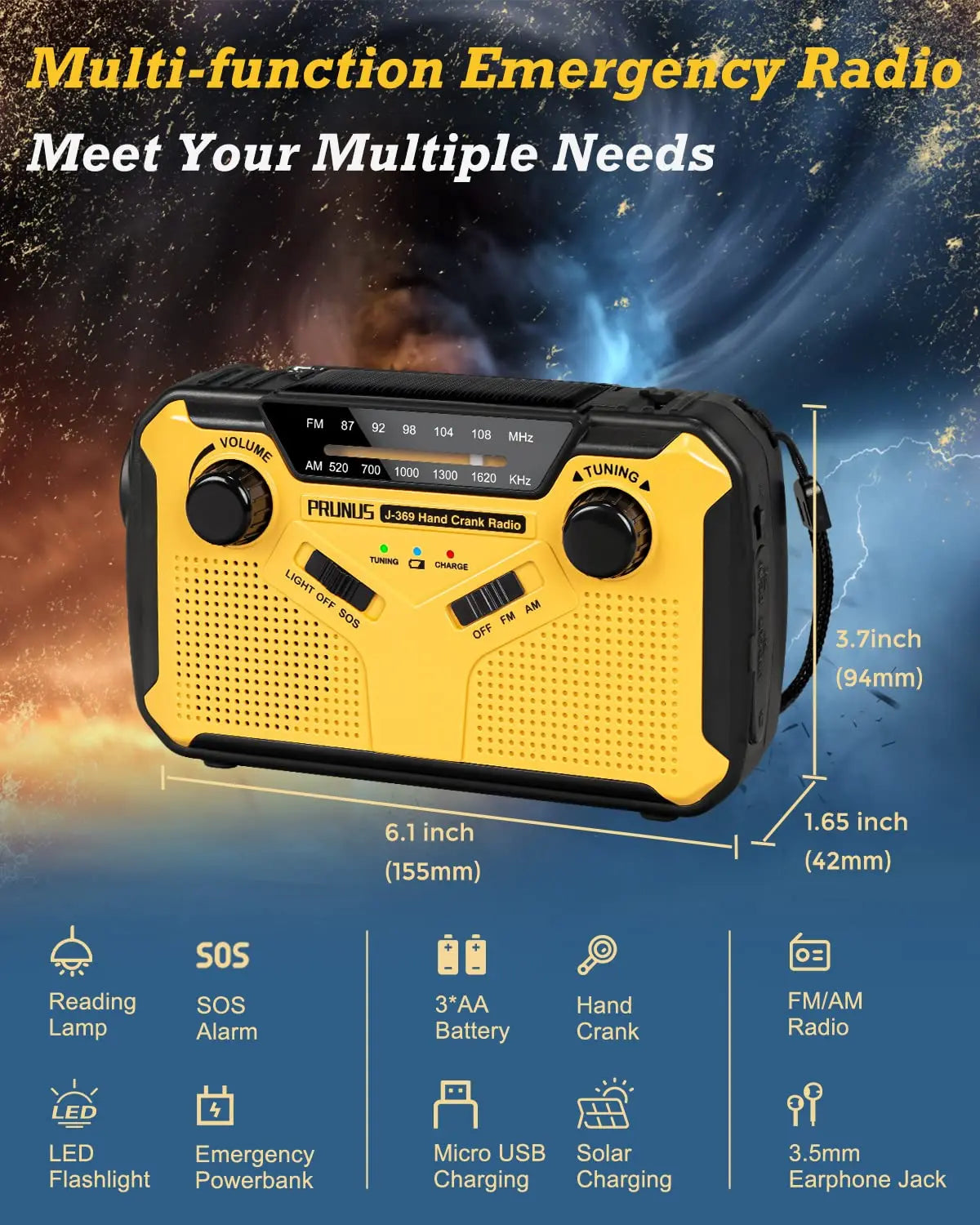 Solar-powered emergency radio with flashlight and power bank