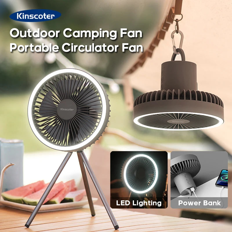 Rechargeable camping fan with LED lighting and power bank