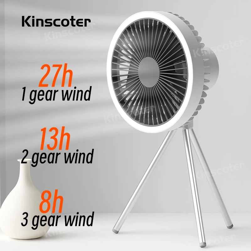 Rechargeable camping fan with LED lighting and power bank