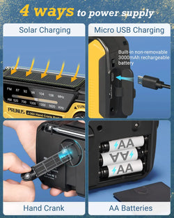 Solar-powered emergency radio with flashlight and power bank