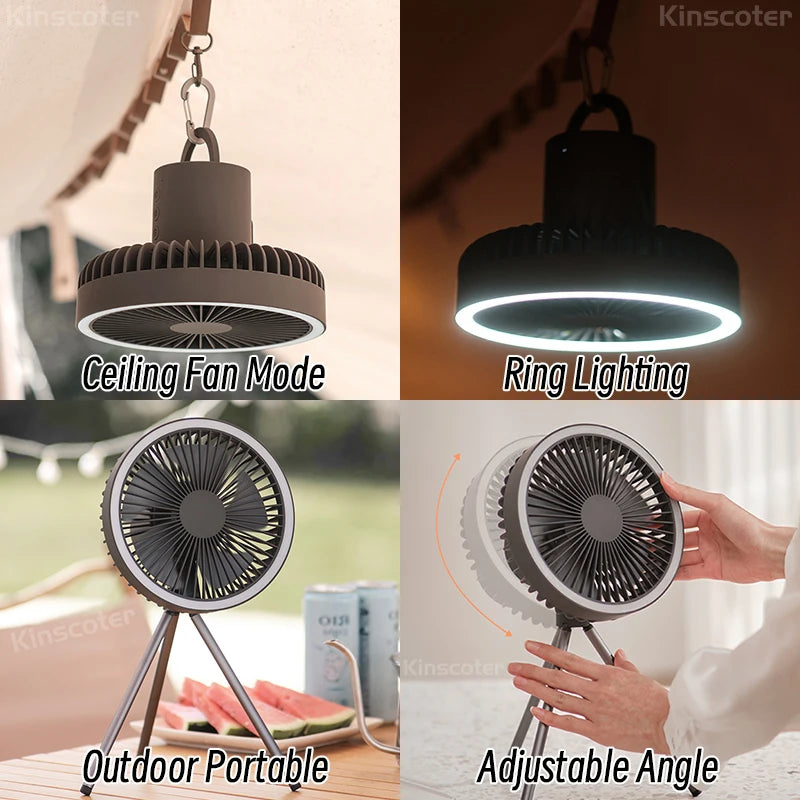 Rechargeable camping fan with LED lighting and power bank