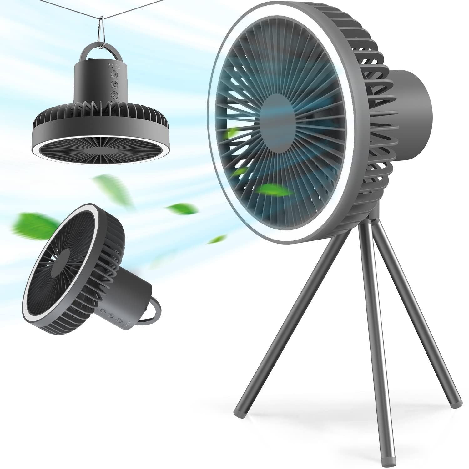 Rechargeable camping fan with LED lighting and power bank