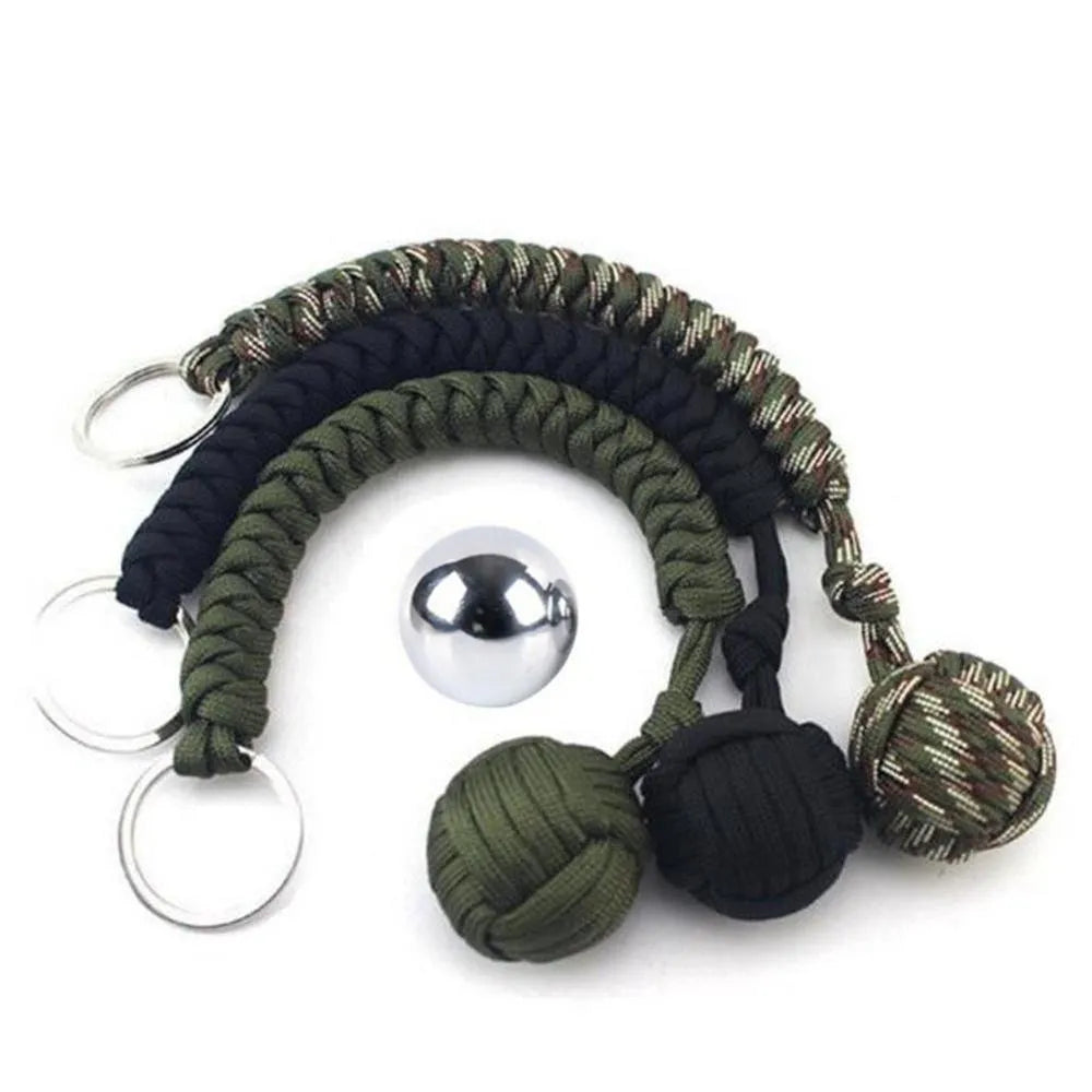 Self-defense keychain with steel ball and nylon rope