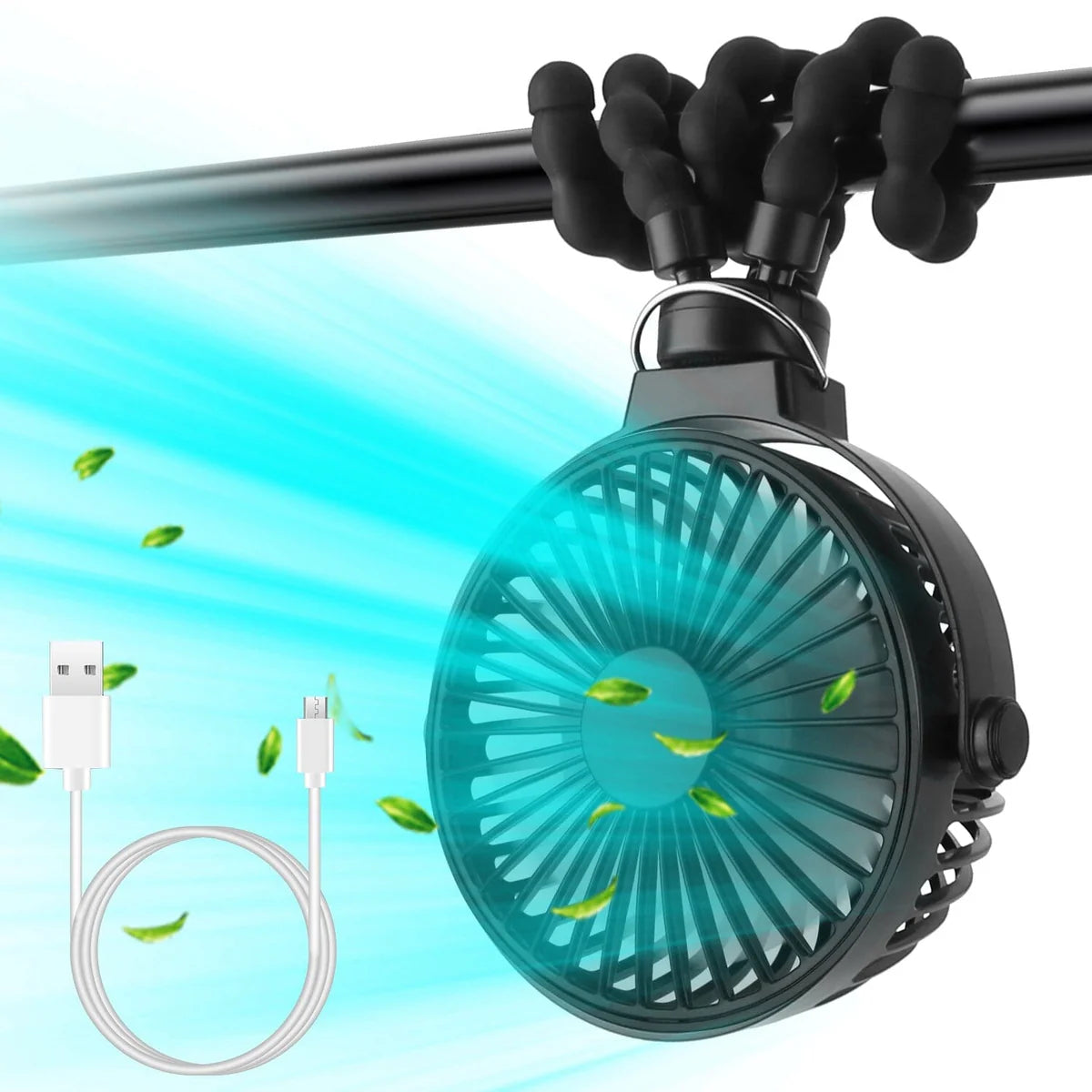 Stroller fan for baby, rechargeable and portable design.